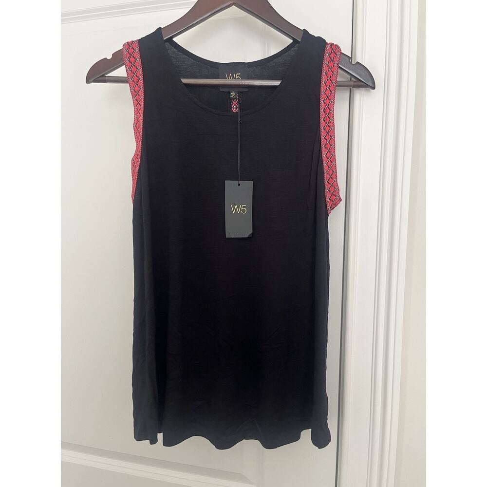 Anthropologie W5 boho embroidered trim tank top Sz. S black jersey knit NWT